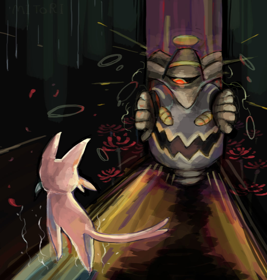 akadako alley black_sclera colored_sclera commentary_request dated_commentary dusknoir espeon flower from_behind full_body ghost horror_(theme) no_humans one-eyed one-hour_drawing_challenge open_mouth partial_commentary pokemon pokemon_(creature) red_eyes red_flower standing