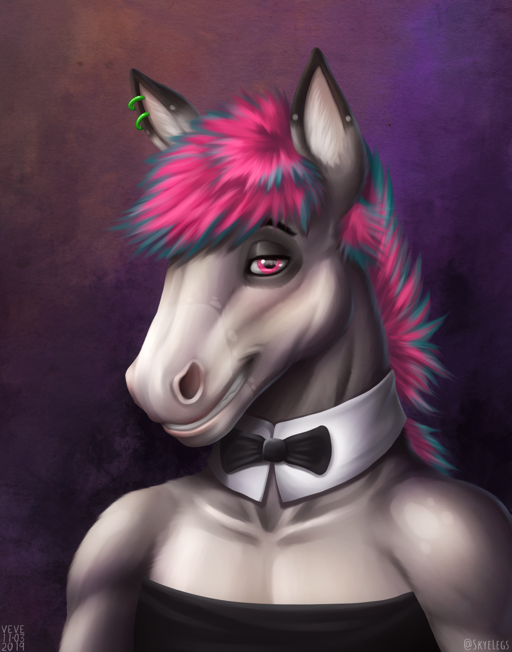 2019 anthro black_clothing black_eyebrows black_topwear blue_hair blue_mane bow_tie bust_portrait clothing dated ear_piercing ear_ring equid equine eyebrows front_view fur glistening glistening_eyes grey_body grey_fur grin hair half-closed_eyes hi_res horse looking_at_viewer male mammal mane multicolored_hair multicolored_mane narrowed_eyes piercing pink_eyes pink_hair pink_mane portrait ring_piercing signature simple_background skyelegs smile solo topwear two_tone_hair two_tone_mane