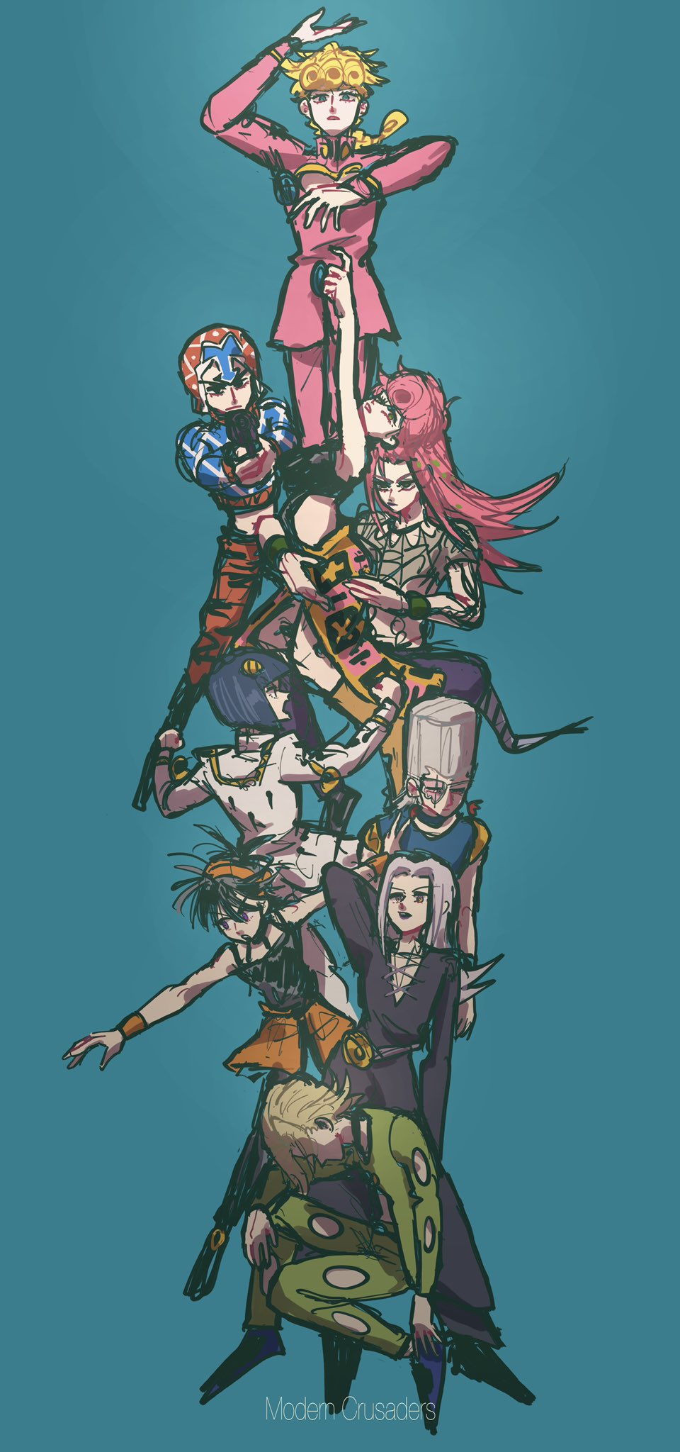 1girl 6+boys blonde_hair blue_shirt bruno_buccellati diavolo flattop giorno_giovanna green_pants grey_hair guido_mista gun gun_pointing_at_viewer highres holding holding_gun holding_weapon jean_pierre_polnareff jojo_no_kimyou_na_bouken leone_abbacchio multiple_boys narancia_ghirga orange_skirt pannacotta_fugo pants pink_hair red_headwear red_pants shirt simple_background skirt trish_una vento_aureo wao weapon