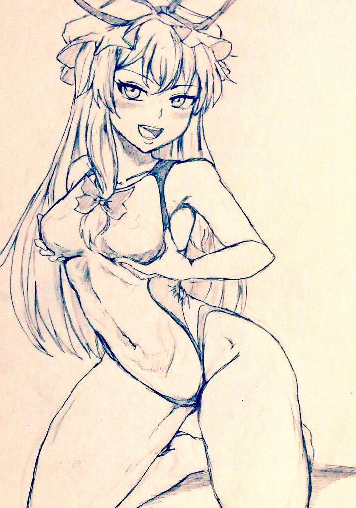 1girl alternate_costume bare_legs barefoot breast_hold breasts commentary_request covered_navel d-m_(dii_emu) eyebrows_visible_through_hair eyelashes greyscale hat long_hair looking_at_viewer mob_cap monochrome naughty_face one-piece_swimsuit open_mouth small_breasts swimsuit touhou yakumo_yukari