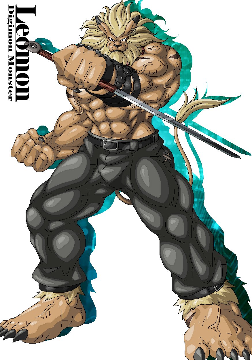 abs anthro bandai_namco belt biceps blonde_hair digimon digimon_(species) felid guzu_kuo hair hi_res leomon lion male mammal melee_weapon muscular muscular_anthro muscular_arms muscular_legs muscular_male muscular_thighs navel pantherine pecs shirtless simple_background solo sword veiny_muscles weapon white_background