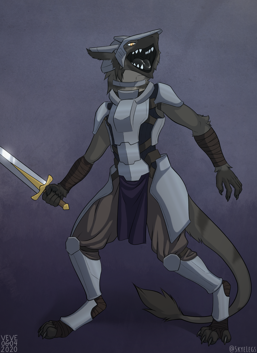 2020 4_toes 5_fingers anthro armor bandaged_arm bandaged_feet biped black_claws black_lips black_tongue breastplate cheek_tuft claws dated elbow_tufts facial_tuft fangs feet fingers front_view fur glistening glistening_eyes grey_body grey_ears grey_fur grey_tail grey_tail_tuft headgear helmet hi_res holding_object holding_sword holding_weapon lips male markings melee_weapon neck_tuft open_mouth orange_eyes sergal signature simple_background skyelegs solo standing striped_body striped_fur striped_markings striped_tail stripes sword tail_markings tail_tuft toes tongue tuft weapon