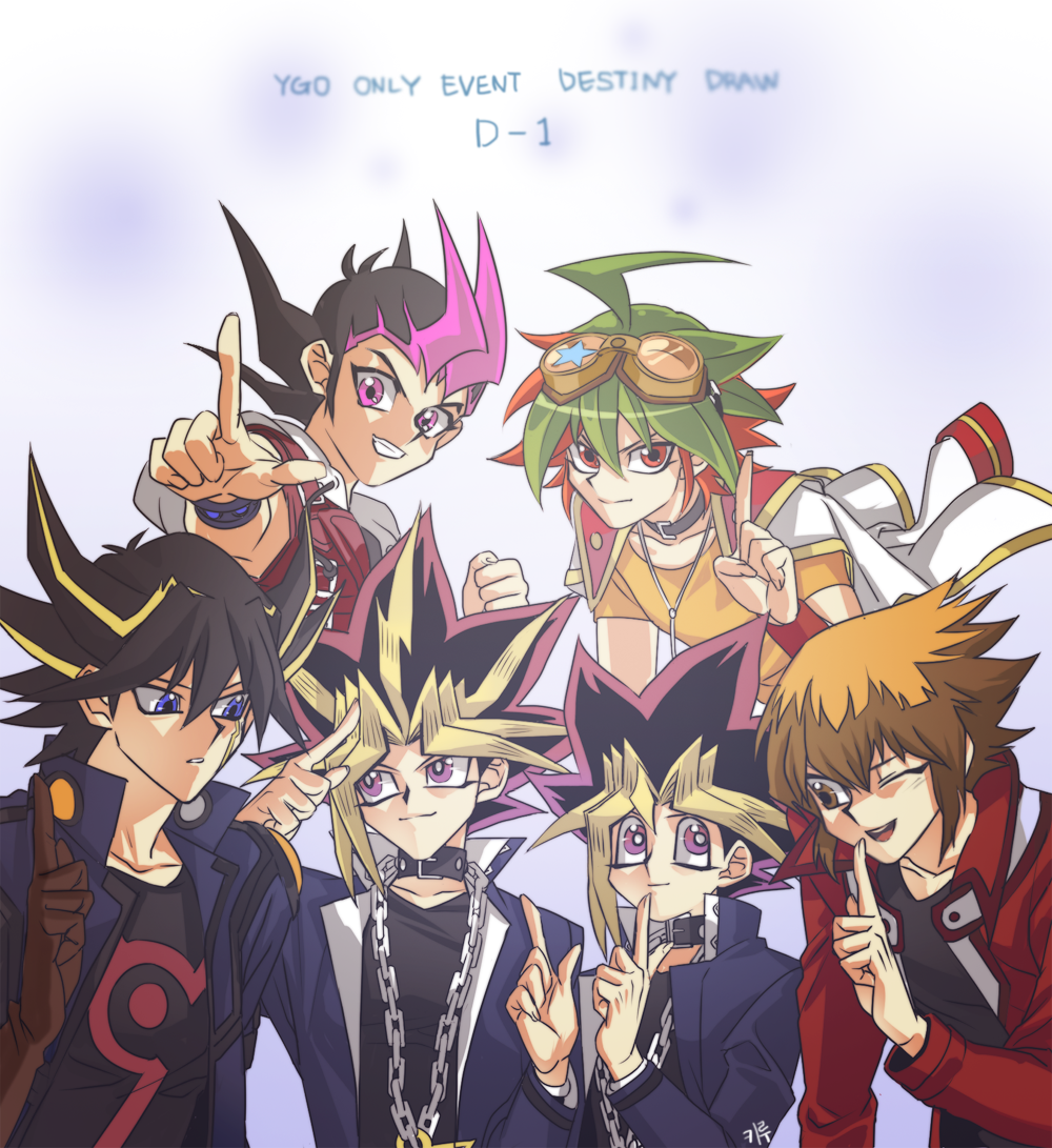 6+boys ahoge bangs belt belt_collar black_belt black_hair black_shirt blonde_hair blue_coat blue_eyes brown_eyes brown_gloves brown_hair chain closed_mouth coat collar commentary_request domino_high_school_uniform duel_academy_uniform_(yu-gi-oh!_gx) fudou_yuusei gloves goggles goggles_on_head green_hair grin hair_between_eyes jacket kiru_(sorr5042) korean_commentary looking_at_another looking_at_viewer looking_to_the_side male_focus millennium_puzzle multicolored_hair multiple_boys mutou_yuugi off_shoulder one_eye_closed open_mouth pink_eyes pink_hair pointing pointing_at_viewer pointing_up purple_eyes red_eyes red_hair red_jacket sakaki_yuuya school_uniform shirt short_hair smile spiked_hair streaked_hair tsukumo_yuuma two-tone_hair upper_body v white_jacket yami_yuugi yellow_shirt yu-gi-oh! yu-gi-oh!_5d's yu-gi-oh!_arc-v yu-gi-oh!_duel_monsters yu-gi-oh!_gx yu-gi-oh!_zexal yuuki_juudai