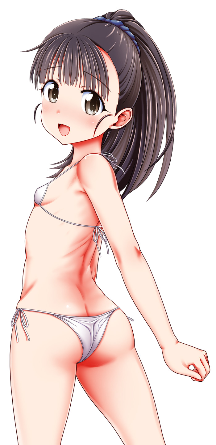 1girl :d ass bangs bare_arms bare_shoulders bikini black_hair blush breasts brown_eyes commentary_request eyebrows_visible_through_hair from_behind fukuyama_mai highres idolmaster idolmaster_cinderella_girls long_hair looking_at_viewer looking_back micro_bikini ponytail side-tie_bikini simple_background small_breasts smile solo swimsuit testa white_background white_bikini