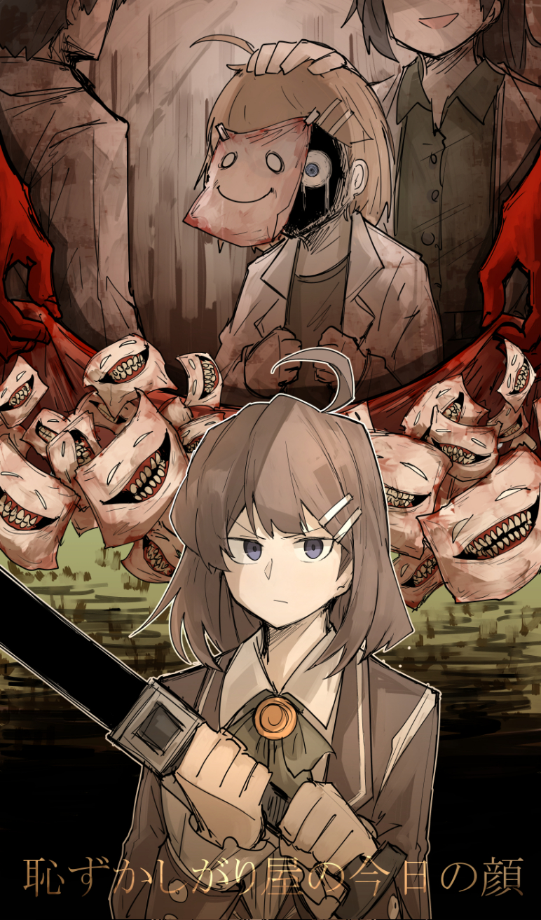 1boy 2girls a_(lobotomy_corporation) ahoge bad_id bad_pixiv_id blood blood_on_hands brooch brown_coat brown_hair buttons carmen_(lobotomy_corporation) coat collared_shirt commentary_request crying crying_with_eyes_open evil_grin evil_smile green_shirt grin hair_ornament hairclip highres hod_(lobotomy_corporation) holding holding_sword holding_weapon jewelry kan_(aaaaari35) labcoat library_of_ruina long_sleeves looking_at_viewer mask mask_on_head mask_removed medium_hair monster multiple_girls neck_ribbon project_moon purple_eyes ribbon serious shaded_face shirt smile solo_focus spoilers sword tape tears teeth text_focus today's_shy_look translated v-shaped_eyebrows weapon white_shirt wide-eyed