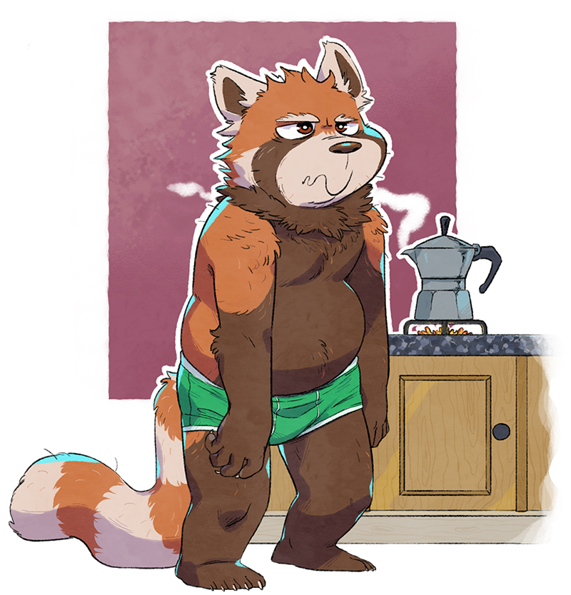 2022 ailurid anthro biped brown_body brown_nose clothing guaxraccoon humanoid_hands male mammal orange_body overweight overweight_male red_panda solo underwear