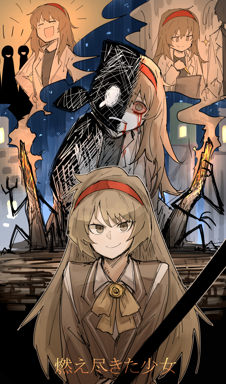 1girl bad_id bad_pixiv_id bleeding blood blood_from_eyes blood_from_mouth blood_on_clothes blood_on_face brooch brown_coat brown_eyes brown_hair burning clipboard coat collared_shirt commentary_request grey_shirt hair_ornament hairband hand_on_hip highres holding holding_clipboard holding_pen jewelry kan_(aaaaari35) labcoat library_of_ruina long_hair long_sleeves looking_at_viewer malkuth_(lobotomy_corporation) monster multiple_views neck_ribbon night open_clothes open_coat open_mouth pen project_moon rain red_hairband ribbon scorched_girl shirt smile smoke smug spoilers text_focus translation_request turn_pale v-shaped_eyebrows white_shirt