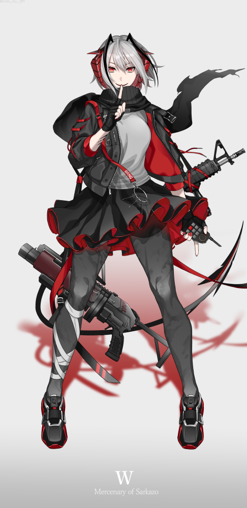 1girl antenna_hair arknights black_footwear black_gloves black_hair black_jacket black_legwear black_scarf black_skirt breasts character_name commentary controller demon_horns demon_tail detonator eyebrows_visible_through_hair finger_to_mouth fingerless_gloves full_body gloves grenade_launcher grey_background grey_shirt hair_between_eyes holding holding_remote_control horns index_finger_raised jacket keychain leg_wrap legs_apart looking_at_viewer medium_breasts miniskirt multicolored_hair nail_polish open_clothes open_jacket pantyhose parted_lips pleated_skirt red_eyes red_nails remote_control roki_(shouka65) scar scar_on_arm scarf shadow shirt shoes short_hair shushing silver_hair simple_background skirt smile solo standing streaked_hair tail two-sided_fabric two-sided_jacket two-sided_skirt two-tone_hair unzipped v-shaped_eyebrows w_(arknights) weapon