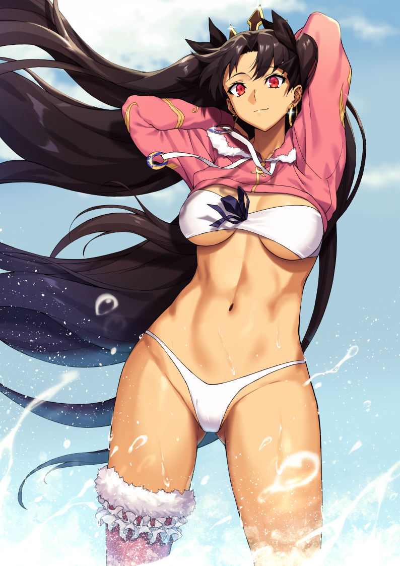 1girl armpits arms_behind_head arms_up bangs bikini blue_sky blush bnc_(bunshi) breasts cleavage cropped_jacket earrings fate/grand_order fate_(series) fur-trimmed_hood fur-trimmed_legwear fur_trim hood hoodie hoop_earrings ishtar_(fate) ishtar_(swimsuit_rider)_(fate) jacket jewelry long_hair long_sleeves looking_at_viewer medium_breasts navel parted_bangs pink_hoodie pink_jacket pink_legwear shrug_(clothing) sky smile solo swimsuit tan thighs tiara two_side_up water white_bikini