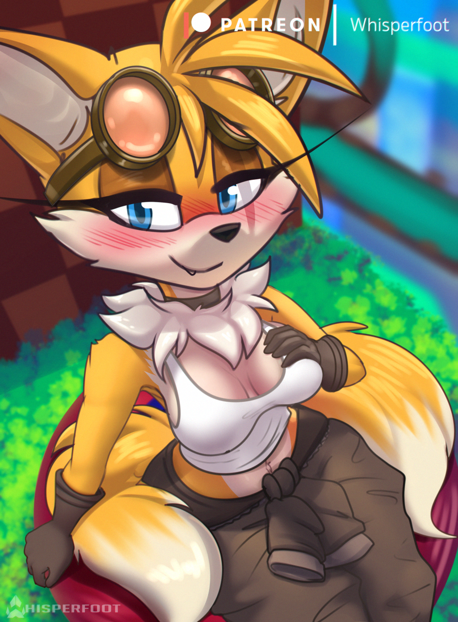 2022 2_tails anthro blue_eyes blush breasts canid canine clothed clothing conditional_dnp digital_media_(artwork) dipstick_tail eyewear eyewear_on_head female fox goggles goggles_on_head hand_on_breast hi_res looking_at_viewer mammal markings miles_prower multi_tail sega smile sonic_the_hedgehog_(series) tail_markings whisperfoot