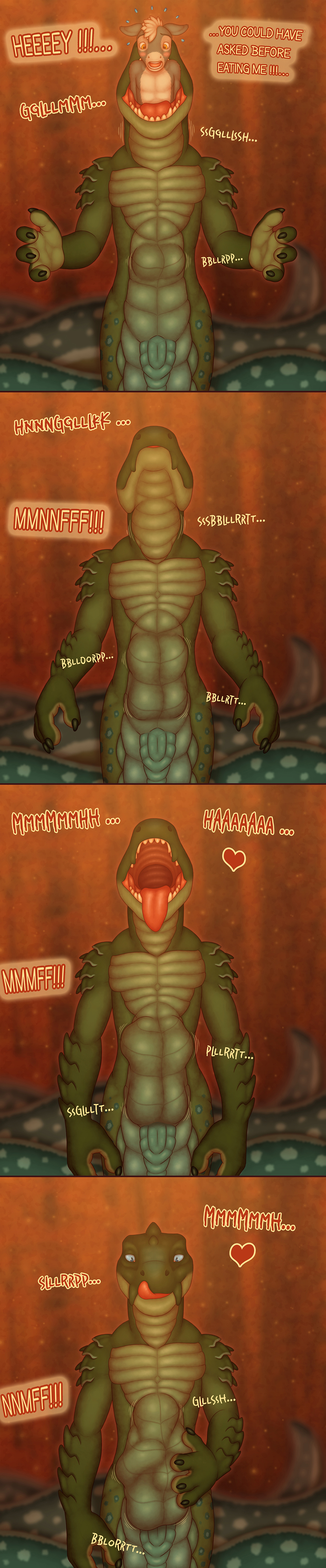abdominal_bulge absurd_res anthro asinus choko_(chokodonkey) chokodonkey crocodile crocodilian crocodylid dialogue donkey equid equine hi_res hybrid long_image male male/male mammal onomatopoeia reptile scalie size_difference snake sound_effects tak'kar_sorbek tall_image text vore