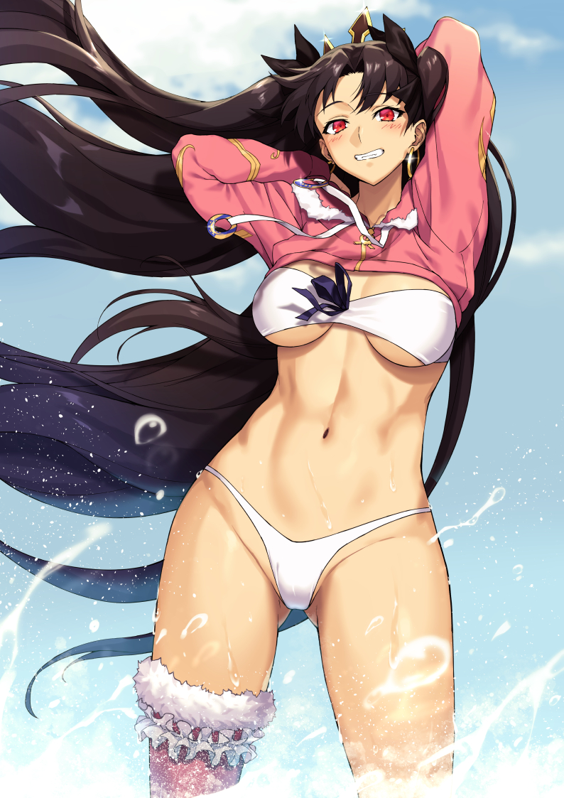 1girl armpits arms_behind_head arms_up bangs bikini blue_sky blush bnc_(bunshi) breasts cleavage cropped_jacket earrings fate/grand_order fate_(series) fur-trimmed_hood fur-trimmed_legwear fur_trim grin hood hoodie hoop_earrings ishtar_(fate) ishtar_(swimsuit_rider)_(fate) jacket jewelry long_hair long_sleeves looking_at_viewer medium_breasts navel parted_bangs pink_hoodie pink_jacket pink_legwear shrug_(clothing) sky smile solo swimsuit thighs tiara two_side_up water white_bikini