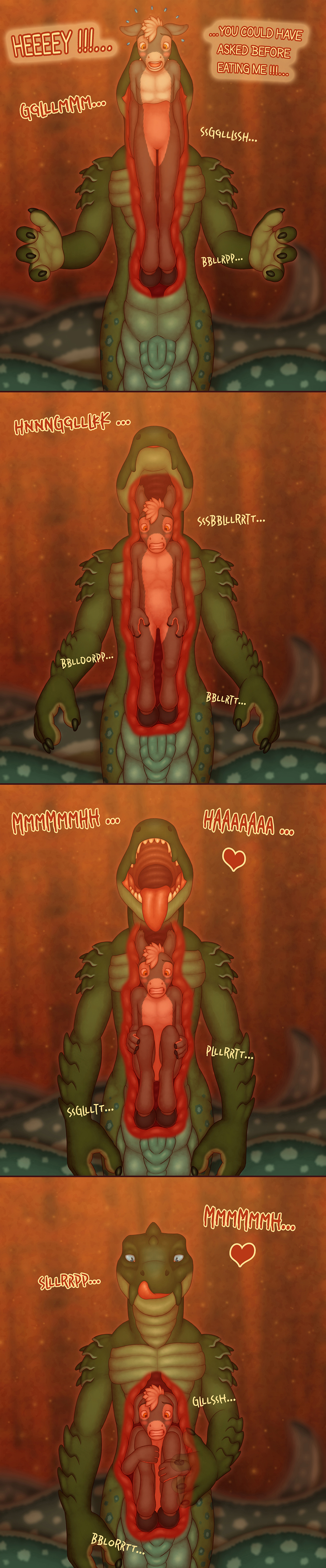 absurd_res anthro apode asinus choko_(chokodonkey) chokodonkey crocodile crocodilian crocodylid dialogue donkey draconcopode equid equine hi_res hybrid legless long_image male male/male mammal naga onomatopoeia reptile scalie serpentine snake soft_vore sound_effects tak'kar_sorbek tall_image text vore x-ray_vision