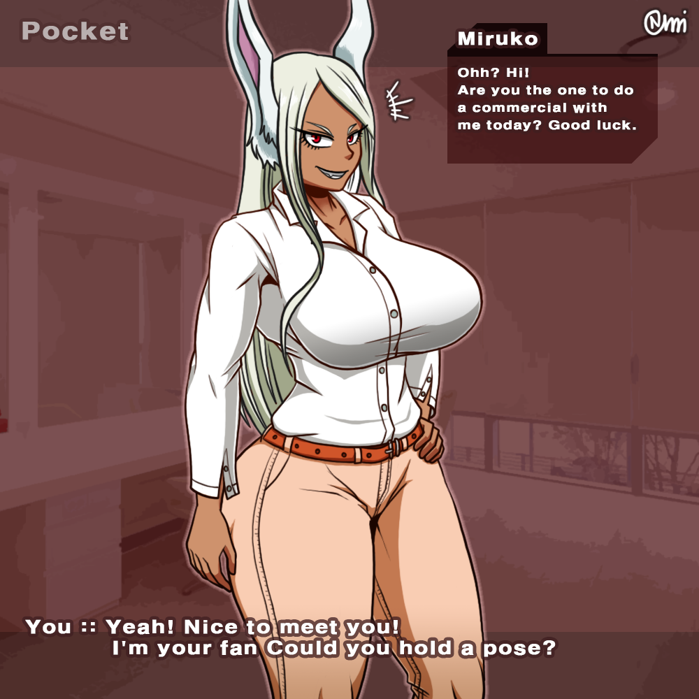 animal_humanoid big_breasts breasts clothed clothing dark_body dark_skin dialogue english_text female hair humanoid lagomorph lagomorph_humanoid leporid_humanoid mammal mammal_humanoid miruko my_hero_academia normi rabbit_humanoid red_eyes text white_hair