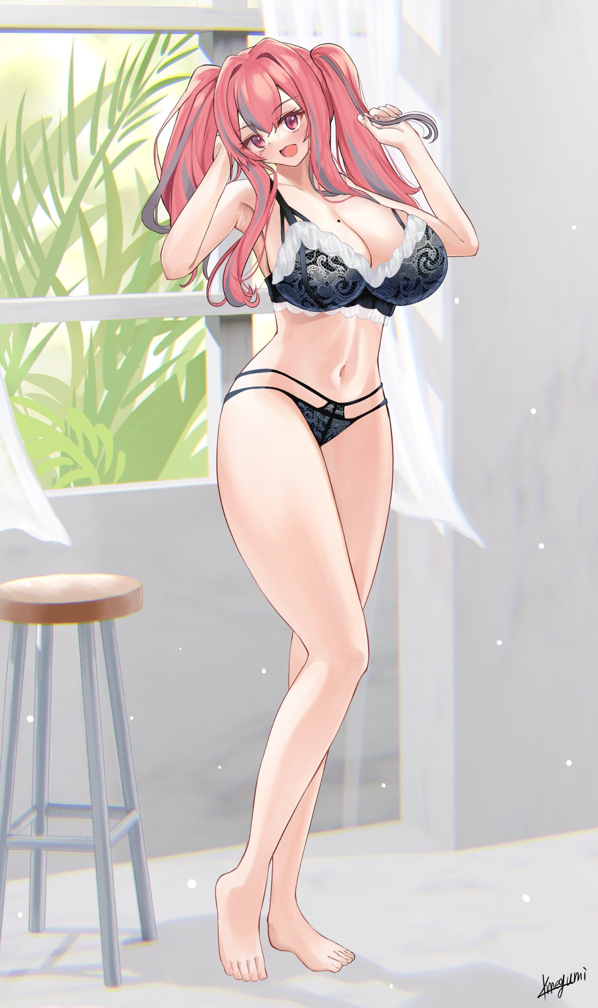 1girl :d armpits azur_lane bare_legs black_bra black_panties bra breasts bremerton_(azur_lane) cleavage curtains day full_body highres lace lace-trimmed_bra lace_bra lace_panties lace_trim large_breasts lingerie looking_at_viewer megumi_kei mole mole_on_breast mole_under_eye multicolored_hair open_window panties pink_hair plant smile stool streaked_hair thighs twintails underwear window