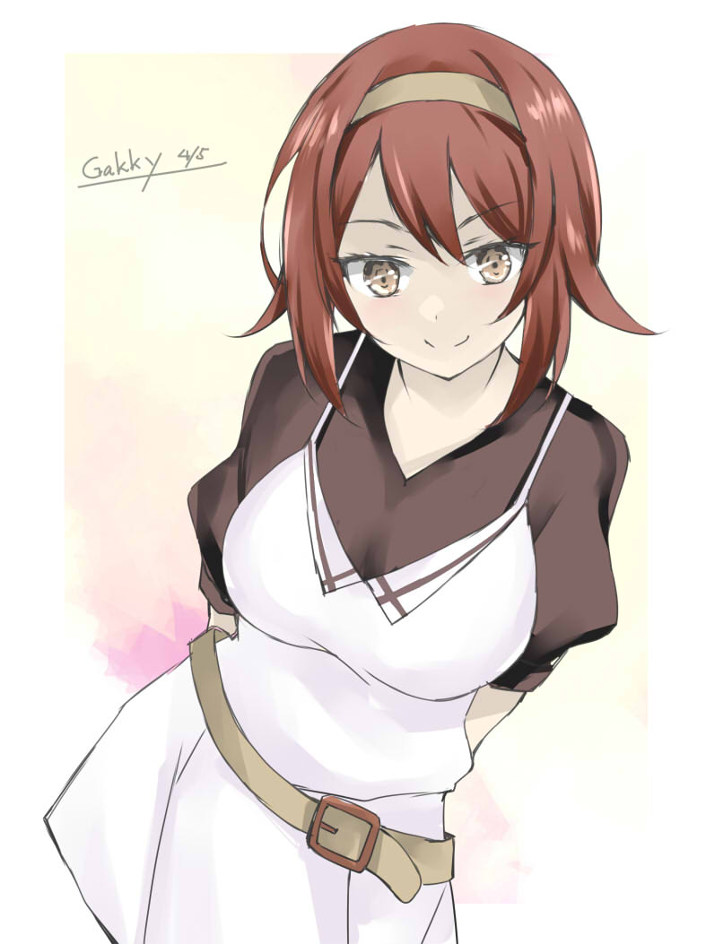 1girl arm_behind_back black_blouse blouse brown_eyes brown_hair commentary_request cowboy_shot dress gakky hairband kantai_collection looking_at_viewer official_alternate_costume one-hour_drawing_challenge red_hairband shiratsuyu_(kancolle) short_hair smile solo white_dress