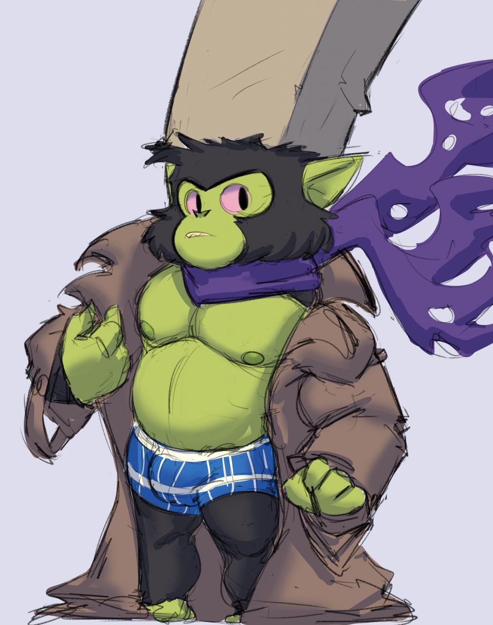 anthro black_body black_fur bulge clothed clothing coat exposed_chest fur green_body green_skin haplorhine headgear hi_res male mammal mojo_jojo monkey musclegut nipples pecs pink_sclera primate scarf short solo teeth topwear underwear unrealrui