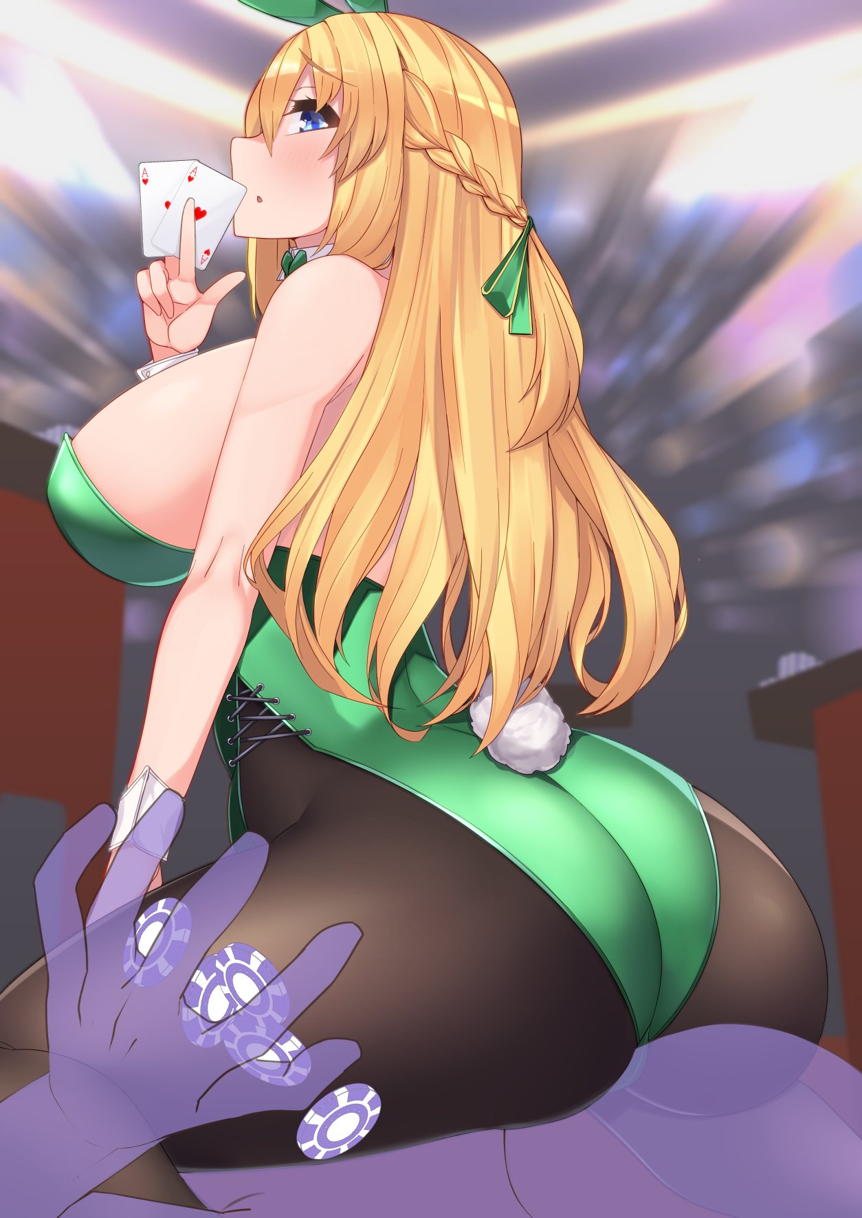 1girl animal_ears ass bare_shoulders blonde_hair blue_eyes blush braid breasts card commission detached_collar dura eyebrows_visible_through_hair fake_animal_ears french_braid from_behind green_leotard highleg highres large_breasts leotard long_hair looking_at_viewer neptune_(series) pantyhose playboy_bunny playing_card rabbit_ears rabbit_tail sitting sitting_on_person skeb_commission solo tail vert_(neptune_series) very_long_hair wrist_cuffs