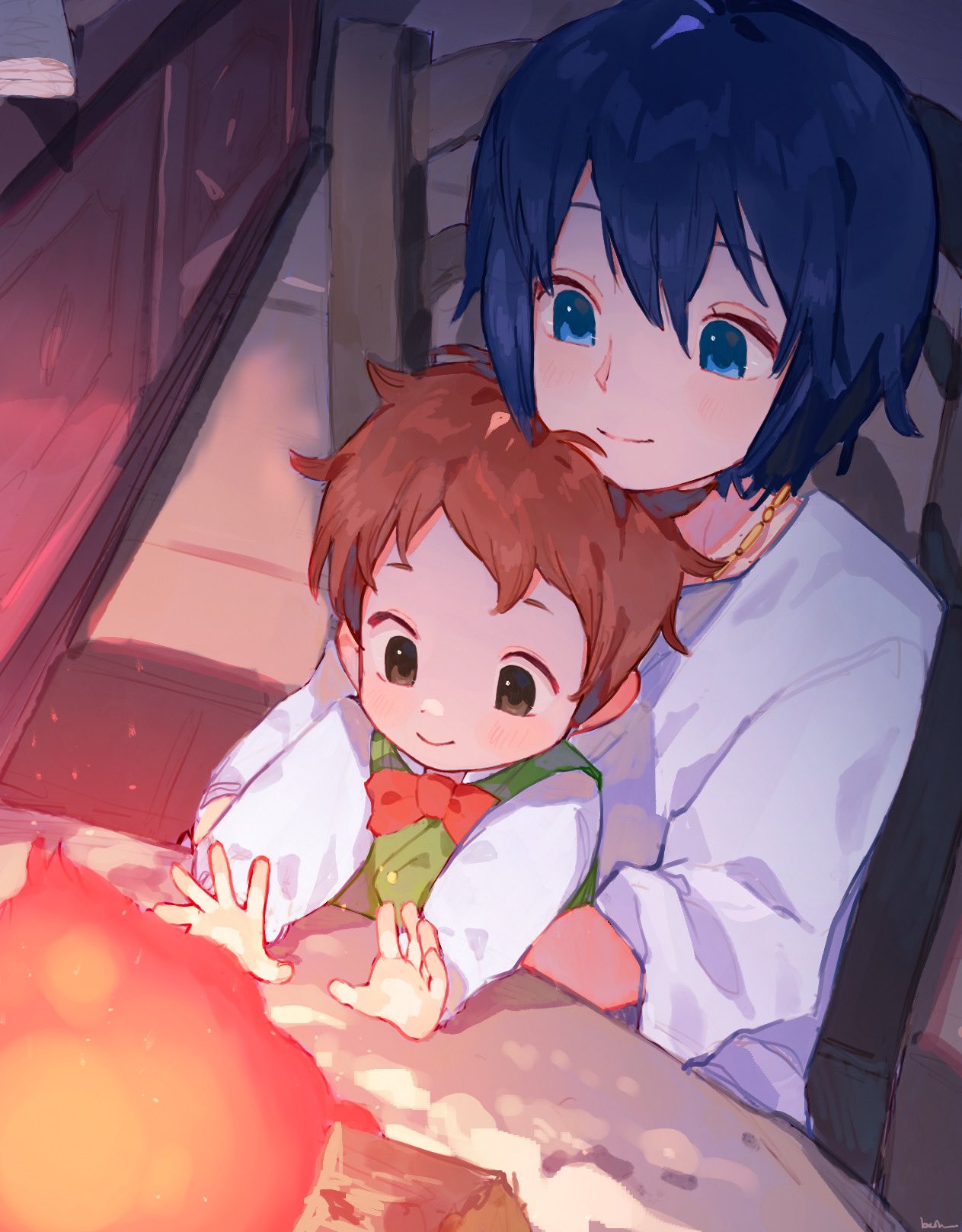 1boy 1girl blue_eyes blue_hair bow bowtie brown_hair calcifer chair character_request child dress fire highres howl_(howl_no_ugoku_shiro) howl_no_ugoku_shiro jewelry long_sleeves outstretched_arms short_hair sitting smile thebrushking