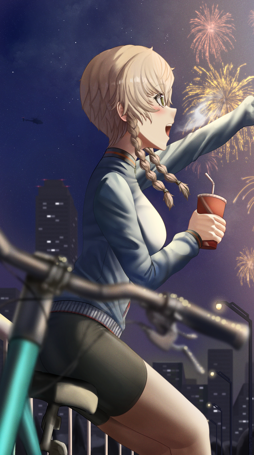 1girl :d aircraft amane_suzuha arm_up bicycle bicycle_seat bike_shorts blue_sweater blurry blush braid breasts brown_hair cup depth_of_field disposable_cup drinking_straw fireworks from_side ground_vehicle helicopter highres holding holding_cup lamppost long_hair looking_ahead medium_breasts night night_sky open_mouth outstretched_arm profile silvertsuki sitting sky smile solo steins;gate sweater teeth thighs twin_braids upper_teeth