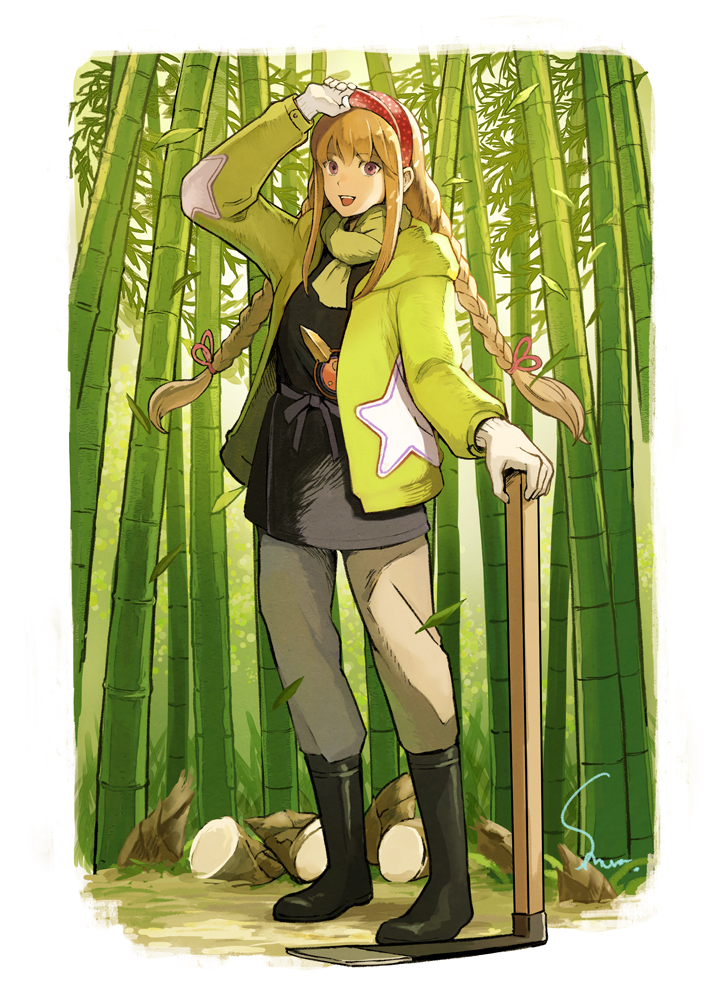 1girl bamboo black_footwear black_shirt boots braid brown_eyes brown_hair commentary_request day english_commentary falling_leaves full_body gloves green_jacket green_scarf grey_pants hairband holding jacket leaf long_hair long_sleeves looking_at_viewer mixed-language_commentary muraicchi_(momocchi) open_clothes open_jacket original out pants red_hairband scarf shirt solo twin_braids white_gloves