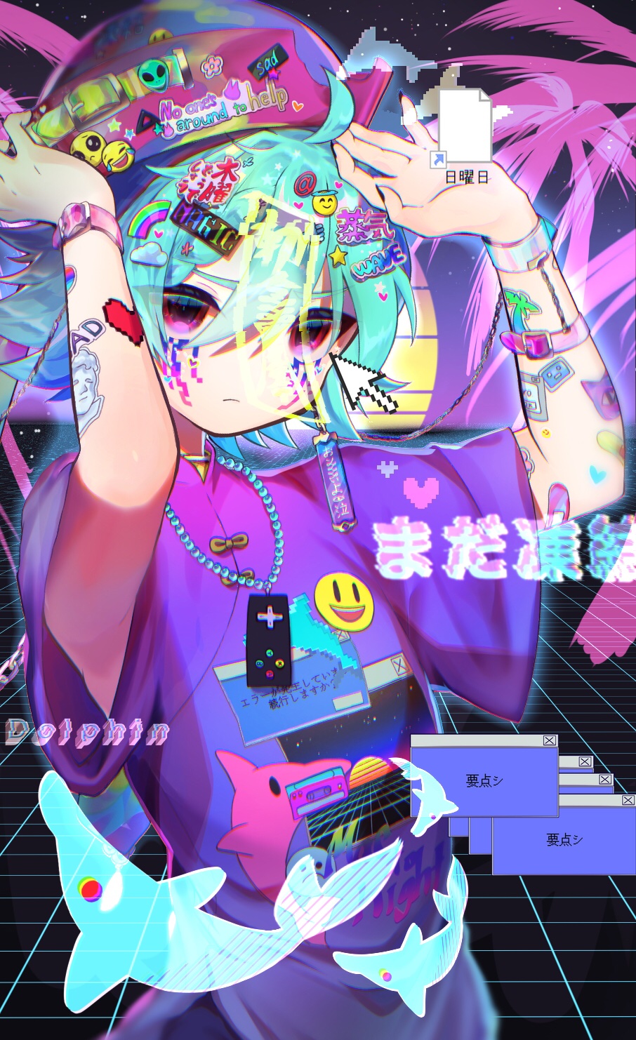 1boy bandaid beret blue_hair bracelet eita_789 error_message hat highres jewelry looking_at_viewer male_focus original purple_eyes purple_shirt shark shirt short_hair short_sleeves solo tattoo vaporwave