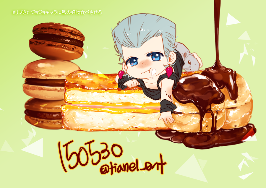 1boy :t age_regression barefoot blue_eyes chibi child chocolate_syrup cream_puff earrings flattop food food_on_face french_toast fudge grey_hair jean_pierre_polnareff jewelry jojo_no_kimyou_na_bouken macaron male_focus oversized_clothes solo stardust_crusaders syrup tianel_ent younger