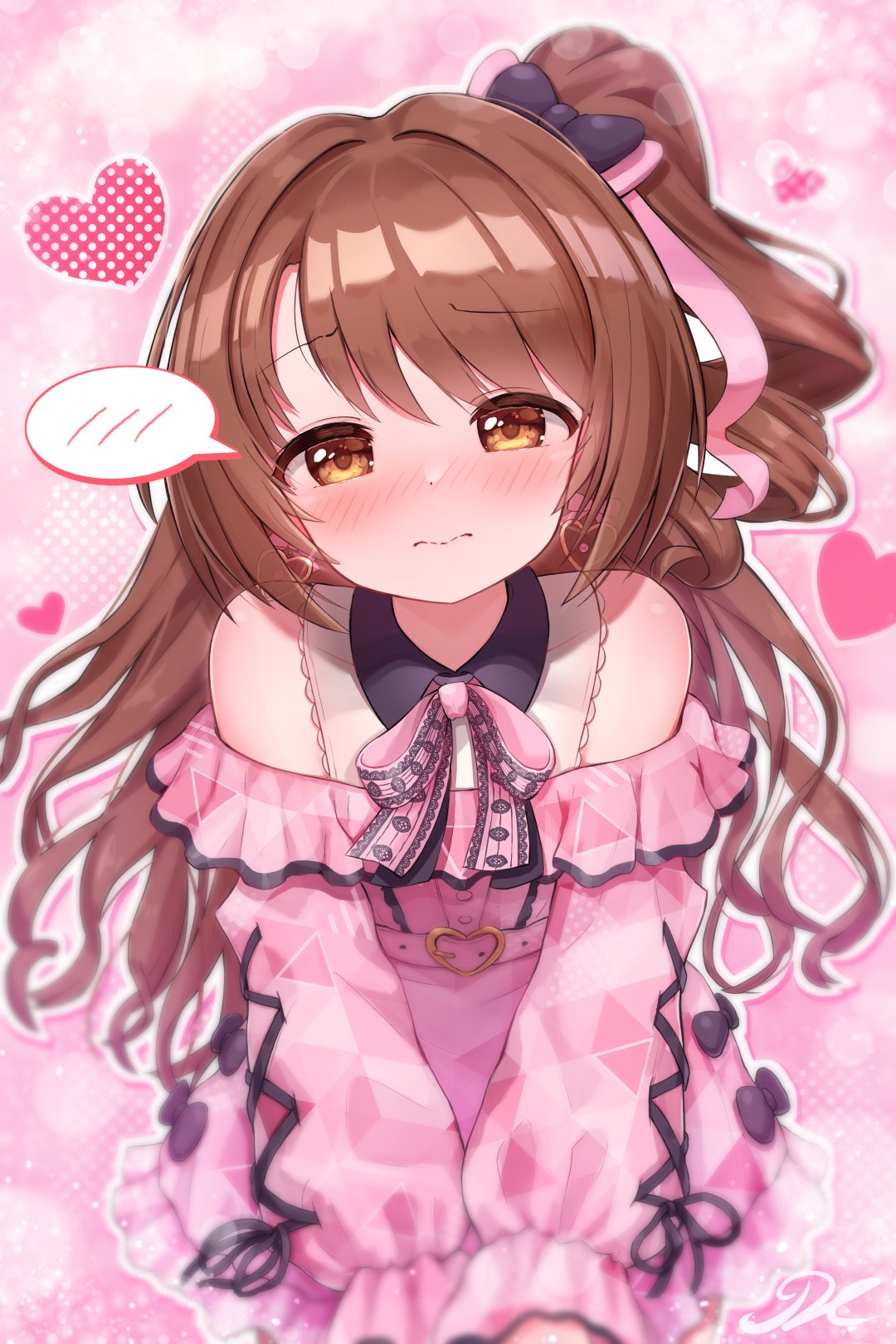 1girl blush bow bowtie brown_hair clothing_cutout dress embarrassed full-face_blush hair_bow heart highres idol idolmaster idolmaster_cinderella_girls j2l looking_at_viewer one_side_up own_hands_together patterned_clothing pink_dress shimamura_uzuki shoulder_cutout solo spoken_blush wavy_hair wavy_mouth