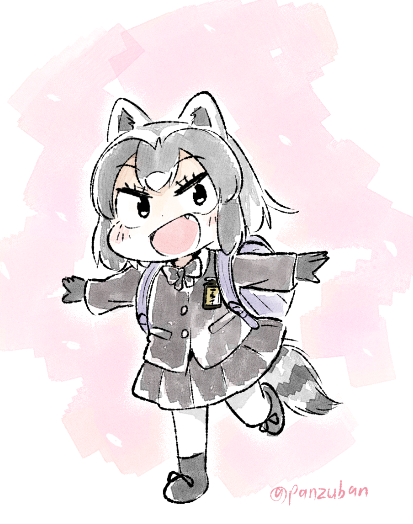 1girl :d alternate_costume alternate_universe animal_ears backpack bag bangs black_bow black_bowtie black_eyes black_footwear black_gloves black_hair black_jacket black_skirt blazer blush_stickers bow bowtie child common_raccoon_(kemono_friends) dot_nose eyebrows_visible_through_hair fang full_body gloves happy jacket kemono_friends leg_up long_sleeves looking_at_viewer looking_to_the_side open_mouth outstretched_arms pale_color panzuban pink_background pleated_skirt pocket purple_bag raccoon_ears raccoon_girl raccoon_tail randoseru sanpaku school_uniform shoelaces short_hair simple_background skirt smile solo spread_arms standing striped_tail tail tsurime twitter_username white_legwear