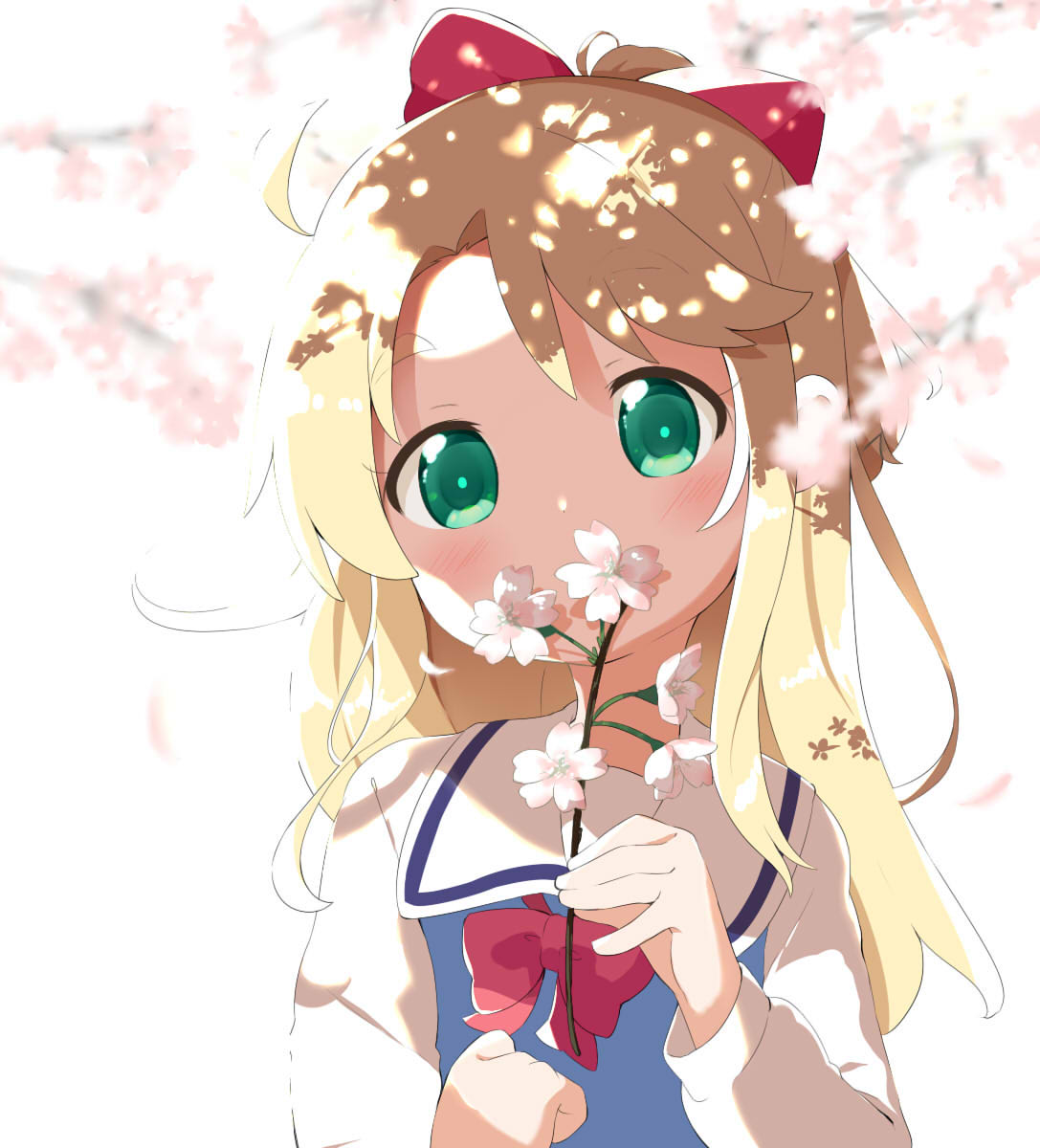 1girl bangs blonde_hair blue_dress blurry blurry_foreground blush bow branch commentary_request covered_mouth depth_of_field dress eyebrows_visible_through_hair flower green_eyes hair_bow hand_up highres himesaka_noa holding holding_flower long_hair long_sleeves looking_at_viewer makuran parted_bangs pink_flower ponytail red_bow school_uniform shirt short_eyebrows sleeveless sleeveless_dress solo thick_eyebrows upper_body watashi_ni_tenshi_ga_maiorita! white_flower white_shirt