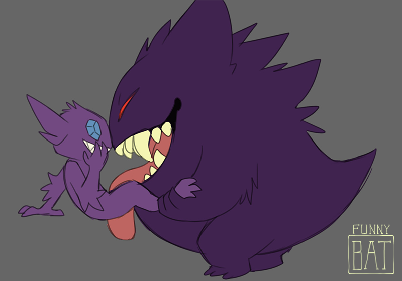 2020 ambiguous/ambiguous ambiguous_gender blue_eyes covering covering_mouth cuddles_(funnybat) digital_drawing_(artwork) digital_media_(artwork) duo feral funnybat fur gengar narrowed_eyes nintendo open_mouth oral pok&eacute;mon pok&eacute;mon_(species) red_eyes sableye sitting size_difference smile smiling_at_each_other standing teeth teeth_showing tongue tongue_out video_games