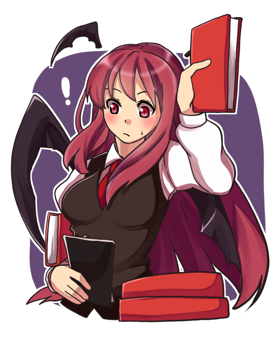 ! :/ arm_behind_head bat_wings black_skirt black_vest blue_background blush book book_stack border breasts clipboard closed_mouth collared_shirt cowboy_shot cropped_torso detached_wings hair_between_eyes head_wings holding holding_book koakuma long_hair long_sleeves looking_up medium_breasts necktie one-hour_drawing_challenge outline red_eyes red_hair red_necktie renshirenji shirt sidelocks simple_background skirt skirt_set sweatdrop touhou very_long_hair vest white_border white_outline white_shirt wings