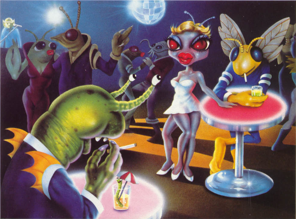 alcoholic_drink ambiguous_gender antennae_(anatomy) arthropod blonde_hair blue_eyes cigarette claws clothing compound_eyes crab_claw dance_club dance_floor dancing digitigrade disc_jockey disco_ball dress drink_umbrella eyestalks face_tentacles female ferengi footwear green_body green_skin group hair high_collar high_heels hitchhiker's_guide_to_the_galaxy humanoid insect_wings lipstick makeup microphone microphone_stand minidress mixed_medium red_eyes shoes smoking stage_lights tentacles unknown_artist white_clothing white_dress white_footwear white_shoes wings yellow_body