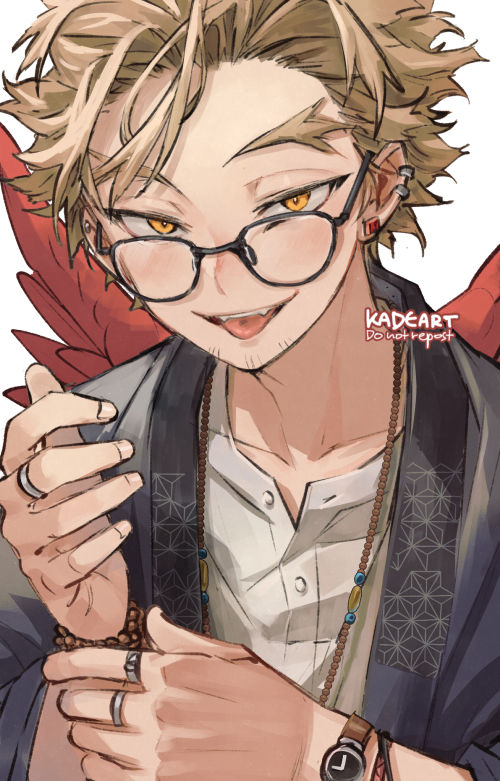 1boy bespectacled blonde_hair boku_no_hero_academia bracelet ear_piercing earrings facial_hair facial_mark fangs glasses goatee hawks_(boku_no_hero_academia) jewelry kadeart looking_over_eyewear male_focus multiple_bracelets multiple_piercings multiple_rings naughty_face necklace piercing red_feathers red_wings ring short_hair simple_background solo stubble stud_earrings tongue tongue_out twitter_username upper_body watch white_background wings wristwatch yellow_eyes