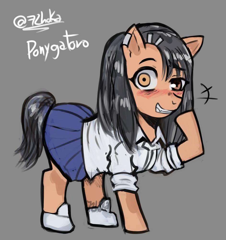 accessory black_hair blush bottomwear clothing equid equine female feral footwear hair hair_accessory hairclip hasbro hayase_nagatoro heterochromia hoka horse ijiranaide_nagatoro-san laugh mammal my_little_pony pony school_uniform shirt shoes skirt solo tail topwear uniform white_clothing white_shirt white_topwear