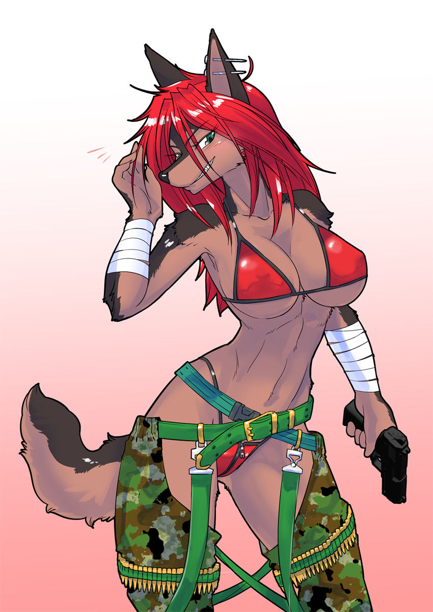 2017 5_fingers ammunition anthro arm_wraps bare_shoulders belt belt_buckle big_breasts bikini biped black_arms black_body black_ears black_eyebrows black_face black_fur black_hands black_neck black_nose black_tail blush breasts brown_arms brown_body brown_claws brown_face brown_fur brown_hands brown_neck brown_tail camo camo_print canid canine canis chaps claws cleavage clothed clothing collarbone countershade_arms countershade_face countershade_hands countershade_neck countershade_tail countershading dark_eyebrows dark_nose digital_media_(artwork) domestic_dog ear_piercing eye_through_hair eyebrow_through_hair eyebrows eyelashes female finger_claws fingers fully_clothed fur gradient_background green_belt green_eyes grin gun hair hair_between_eyes handgun hi_res highleg_bikini holding_gun holding_object holding_weapon humanoid_hands kazuhiro kemono long_hair mammal monotone_claws monotone_ears monotone_eyebrows monotone_eyes monotone_hair monotone_inner_ear monotone_nose multicolored_body multicolored_fur navel nipple_outline piercing portrait purple_inner_ear raised_hand ranged_weapon red_bikini red_clothing red_hair red_swimwear sharp_teeth simple_background smile snout solo standing swimwear teeth three-quarter_portrait translucent translucent_hair two_tone_arms two_tone_body two_tone_face two_tone_fur two_tone_hands two_tone_neck two_tone_tail under_boob weapon wraps zipper