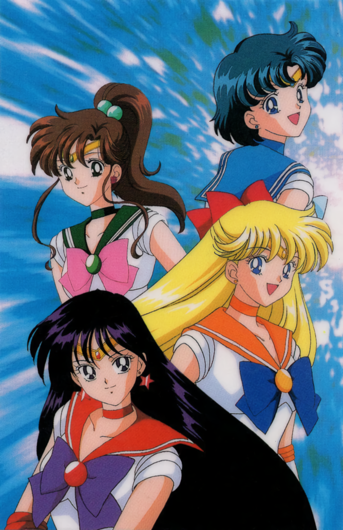 1990s_(style) 4girls aino_minako bangs bishoujo_senshi_sailor_moon black_eyes black_hair blonde_hair blue_background blue_eyes blue_hair blue_neckwear blue_sailor_collar bow brown_hair choker earrings elbow_gloves eyebrows_visible_through_hair gloves green_eyes green_neckwear green_sailor_collar hair_bobbles hair_bow hair_ornament high_ponytail hino_rei jewelry kino_makoto leotard long_hair mizuno_ami multiple_girls non-web_source official_art open_mouth orange_neckwear orange_sailor_collar red_neckwear red_sailor_collar retro_artstyle sailor_collar sailor_jupiter sailor_mars sailor_mercury sailor_venus short_hair smile star_(symbol) star_earrings stud_earrings tiara very_long_hair