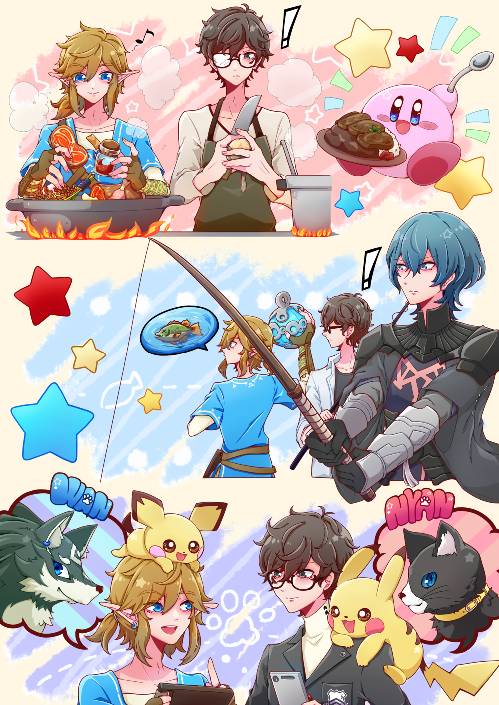 2022 alien ambiguous_gender apron atlus black_hair blonde_hair blue_eyes blush byleth_(fire_emblem) canid canine canis clothing cooking crossover ear_piercing ear_ring english_text exclamation_point eyewear feral fingerless_gloves fire_emblem fishing_rod food fur glasses gloves group hair handwear hi_res holding_object human humanoid humanoid_pointy_ears hylian kirby kirby_(series) kitchen_utensils knife kylatpo101 link link_(wolf_form) male mammal megami_tensei megami_tensei_persona morgana_(persona) nintendo open_mouth open_smile pichu pictographics piercing pikachu pok&eacute;mon pok&eacute;mon_(species) ren_amamiya smile speech_bubble super_smash_bros. text the_legend_of_zelda tools video_games waddling_head wolf