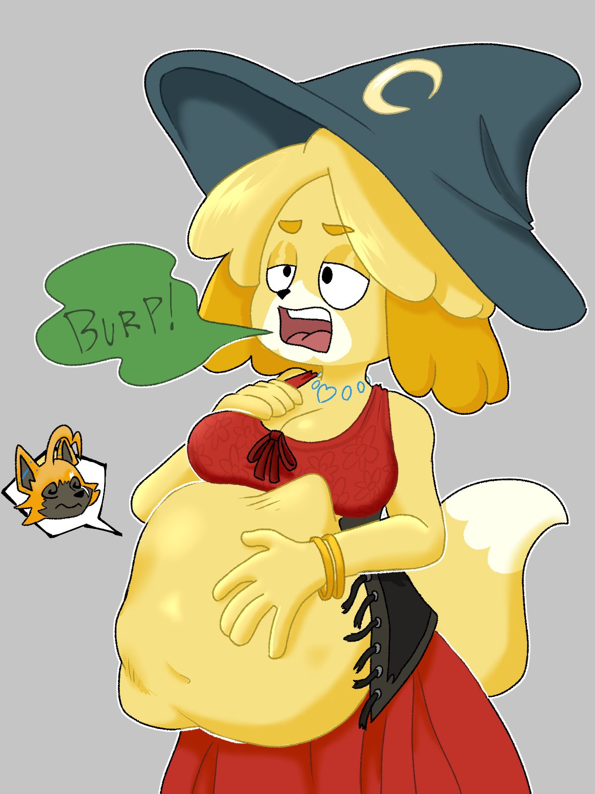 3:4 animal_crossing anthro belly bf-felz big_belly bracelet breasts burp_cloud burping canid canine canis cleavage clothed clothing corset digital_media_(artwork) dipstick_tail domestic_dog dress female female_pred hand_on_stomach hat headgear headwear hi_res isabelle_(animal_crossing) jewelry kyle_(animal_crossing) lingerie magic_user male male_prey mammal markings medium_breasts midriff navel nintendo open_mouth oral_vore shih_tzu spiral_eyes struggling tail_markings topwear torn_clothing toy_dog video_games vore witch witch_hat