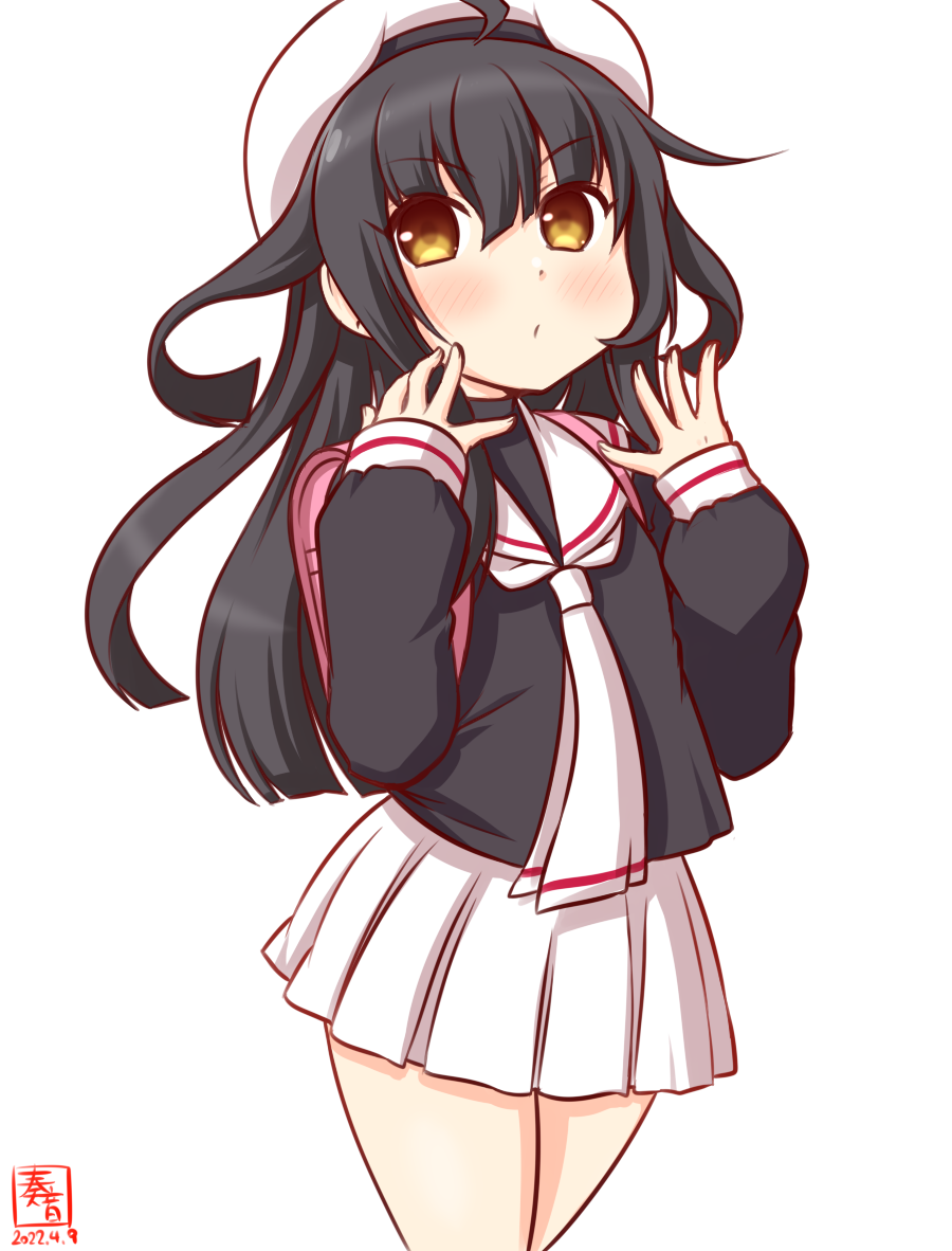 1girl ahoge alternate_costume artist_logo backpack bag bangs beret black_blouse black_hair blouse brown_eyes cardcaptor_sakura commentary_request cosplay dated eyebrows_visible_through_hair hat kanon_(kurogane_knights) kantai_collection long_hair long_sleeves looking_at_viewer mikazuki_(kancolle) neckerchief one-hour_drawing_challenge pink_bag pleated_skirt randoseru sailor_collar school_uniform simple_background skirt solo tomoeda_elementary_school_uniform white_background white_headwear white_neckerchief white_sailor_collar white_skirt