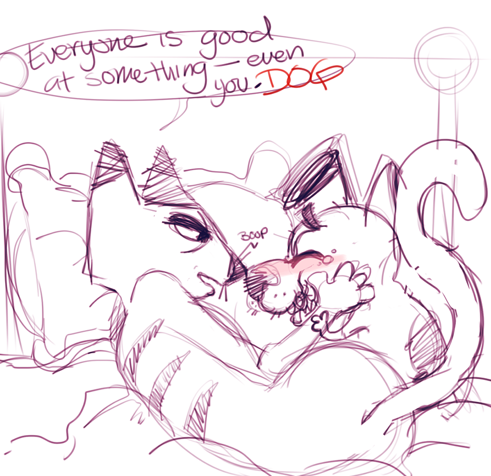 anthro bed blush bodily_fluids boop canid canine canis cartoon_network courage_the_cowardly_dog courage_the_cowardly_dog_(character) crying domestic_cat domestic_dog duo english_text eyebrows eyes_closed felid feline felis furniture happy holding_cheeks holding_face inside interspecies katz_(courage_the_cowardly_dog) looking_at_another love lying male male/male mammal nose_boop nose_to_nose on_side pillow sketch smile tears tears_of_joy text thick_eyebrows unknown_artist