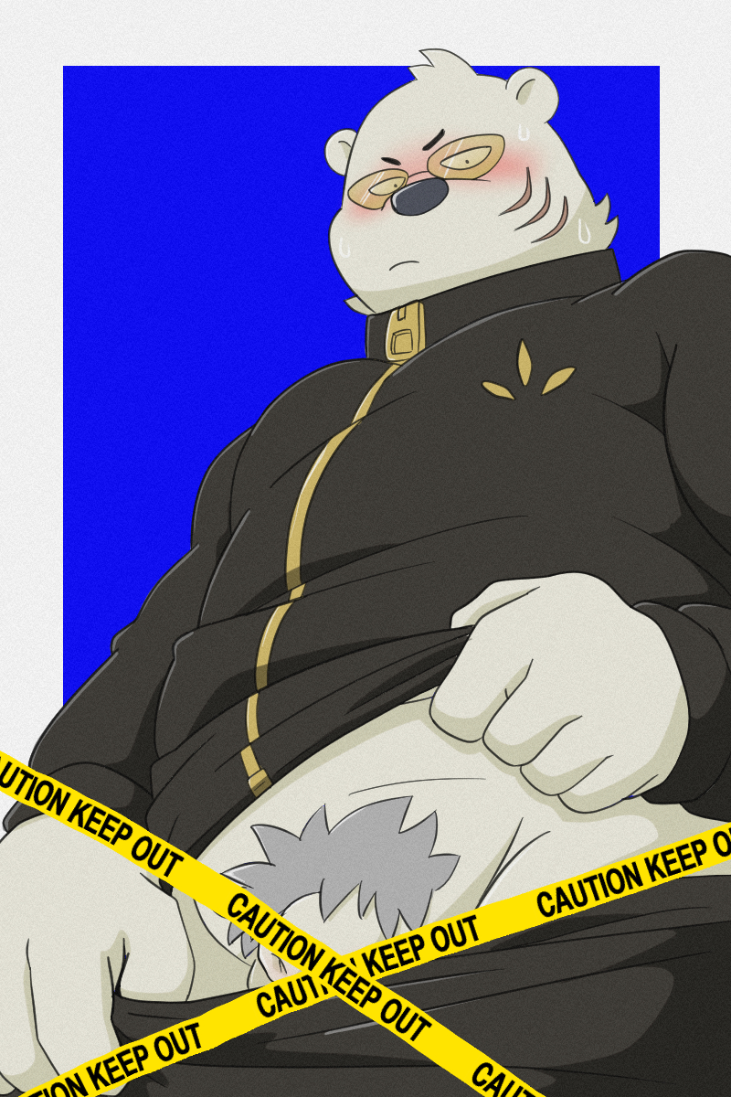 2022 anthro belly big_belly black_nose blush bodily_fluids bottomwear censored clothing genitals hi_res humanoid_genitalia humanoid_hands humanoid_penis kemono male mammal odd_taxi overweight overweight_male pants penis polar_bear pubes sekiguchi_(odd_taxi) shibatanukiti small_penis sweat ursid ursine