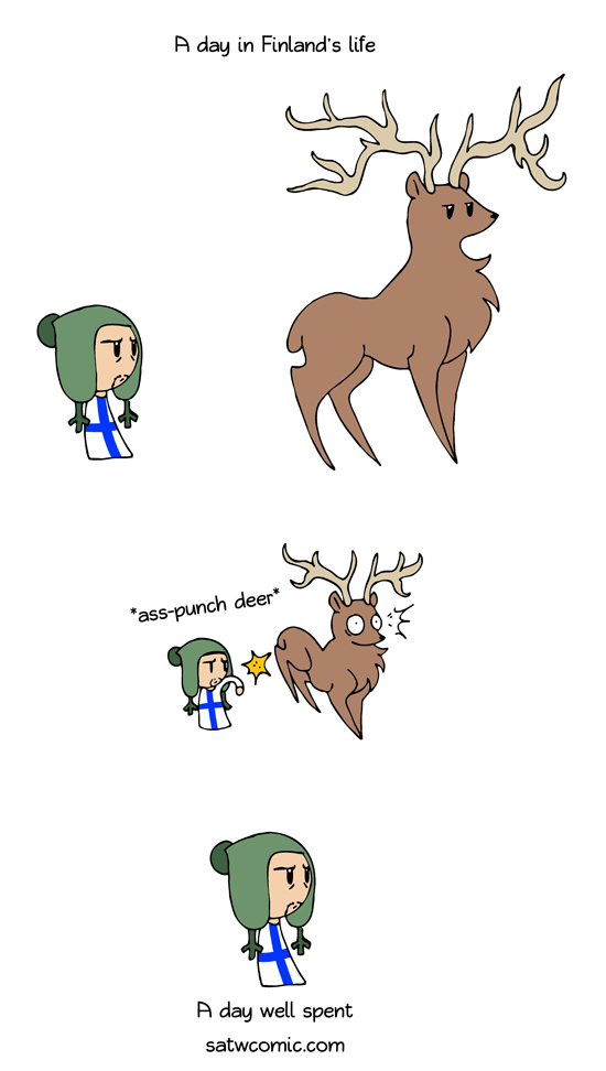 2013 ambiguous_gender antlers beady_eyes black_eyes bobble_hat brown_body brown_fur bucking capreoline cervid clothing comic duo english_text eyebags feral finland finland_(satw) finnish_flag fur half-closed_eyes hat headgear headwear horn human humon humor looking_at_butt male mammal narrowed_eyes o_o punch punching_butt reindeer scandinavia_and_the_world simple_background solo stubble surprise surprised_expression text violence what white_background why