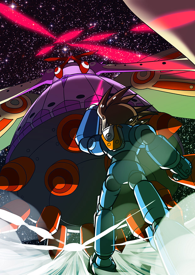 1boy 1girl android brown_hair donald gloves mega_man_(series) mega_man_legends mega_man_legends_2 mega_man_volnutt perspective robot sera_(mega_man) shaded_face sky star_(sky) starry_sky weapon wind wings
