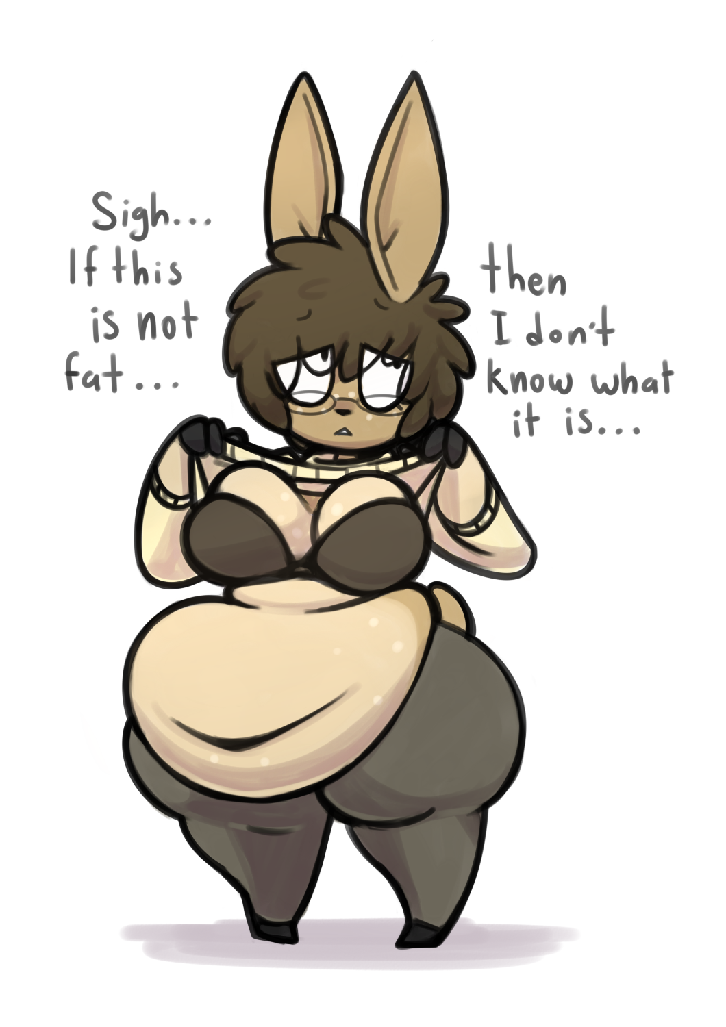 2018 anthro belly big_belly big_breasts bottom_heavy bra breasts cervid clothed clothing dialogue digital_media_(artwork) ellie_(maddeku) english_text eyewear female glasses hi_res huge_thighs maddeku mammal navel obese obese_female overweight overweight_female solo text thick_thighs underwear wide_hips