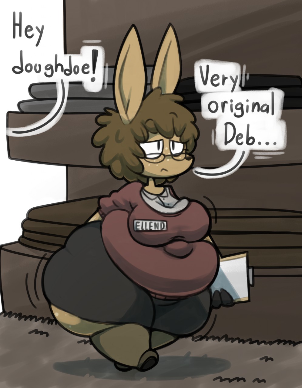 2018 anthro belly big_belly big_breasts bottom_heavy breasts cervid clothed clothing dialogue digital_media_(artwork) ellie_(maddeku) english_text eyewear female glasses hi_res huge_hips huge_thighs maddeku mammal name_tag overweight overweight_female solo speech_bubble text thick_thighs wide_hips