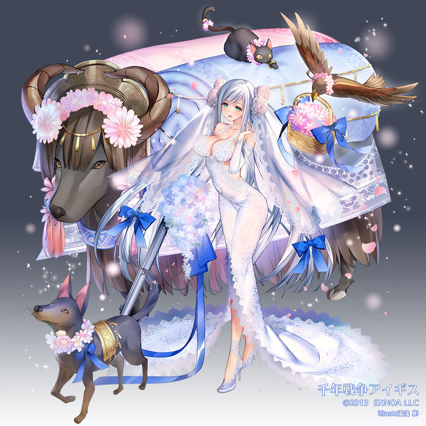 1girl 2013 ankle_strap artist_name bangs bare_shoulders basket bird black_cat blue_ribbon blush bouquet breasts bridal_veil bull cat cleavage collarbone copyright_name detached_sleeves diera_(sennen_sensou_aigis) dog dress eyebrows_visible_through_hair flower flower_basket flower_necklace full_body gradient gradient_background grey_background gun hair_flower hair_ornament head_wreath high_heels holding holding_gun holding_weapon jewelry lace-trimmed_dress lace_trim large_breasts long_dress long_hair official_art parted_lips plunging_neckline ribbon ring sennen_sensou_aigis silver_footwear smile solo swept_bangs veil very_long_hair weapon wedding_dress white_dress white_hair yuasa_akira