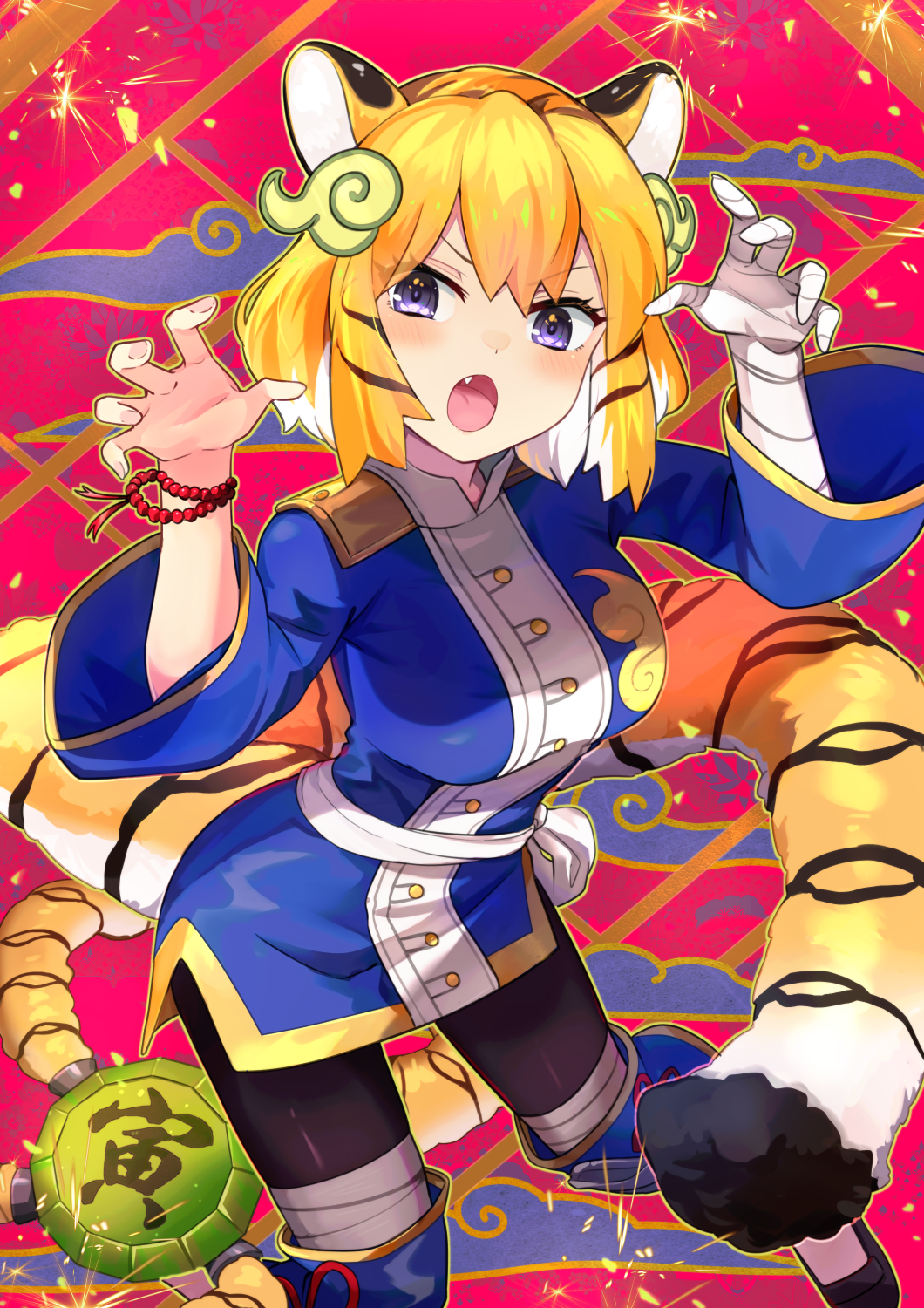 animal_ears animal_print bandaged_arm bandages bangs blue_shirt bracelet breasts chinese_zodiac duel_monster fang highres hsin jewelry multicolored_background open_mouth orange_hair purple_eyes roaring shirt tail tiger_ears tiger_girl tiger_print yu-gi-oh! zoodiac_tigermortar