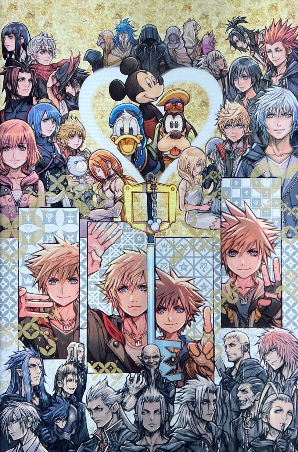 aced_(kingdom_hearts) age_progression ansem_seeker_of_darkness aqua_(kingdom_hearts) ava_(kingdom_hearts) axel_(kingdom_hearts) brain_(kingdom_hearts) broken_mask chirithy demyx donald_duck ephemer_(kingdom_hearts) eraqus everyone evil_smile fingerless_gloves gloves goofy gula_(kingdom_hearts) highres hood ienzo invi_(kingdom_hearts) ira_(kingdom_hearts) jewelry kairi_(kingdom_hearts) keyblade kingdom_hearts kingdom_hearts_358/2_days kingdom_hearts_birth_by_sleep kingdom_hearts_dark_road kingdom_hearts_i kingdom_hearts_ii kingdom_hearts_iii kingdom_hearts_iv kingdom_hearts_x kingdom_hearts_x_back_cover kingdom_key larxene looking_at_viewer luxord luxu_(kingdom_hearts) marluxia mask master_of_masters master_xehanort mickey_mouse multiple_persona necklace nomura_tetsuya official_art organization_xiii photo_(medium) rikku riku_replica roxas saix skuld_(kingdom_hearts) smile spiked_hair strelitzia_(kingdom_hearts) terra_(kingdom_hearts) third-party_source vanitas ventus_(kingdom_hearts) vexen xehanort xemnas xigbar xion_(kingdom_hearts)