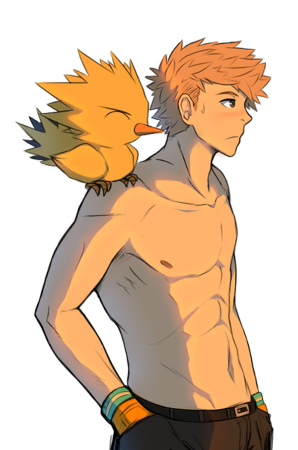 1boy abs animal_on_shoulder belt bird bird_on_shoulder blush brown_pants closed_mouth collarbone frown gloves hands_in_pockets kimchikat male_focus navel nipples on_shoulder orange_gloves orange_hair pants pokemon pokemon_(creature) pokemon_(game) pokemon_go pokemon_on_shoulder short_hair simple_background solo spark_(pokemon) spiked_hair sweatdrop topless_male white_background zapdos